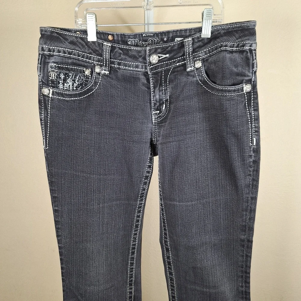 Miss Me Bootcut Black Denim Studded Bling Gem Flap Pockets‎ 30   JP535184